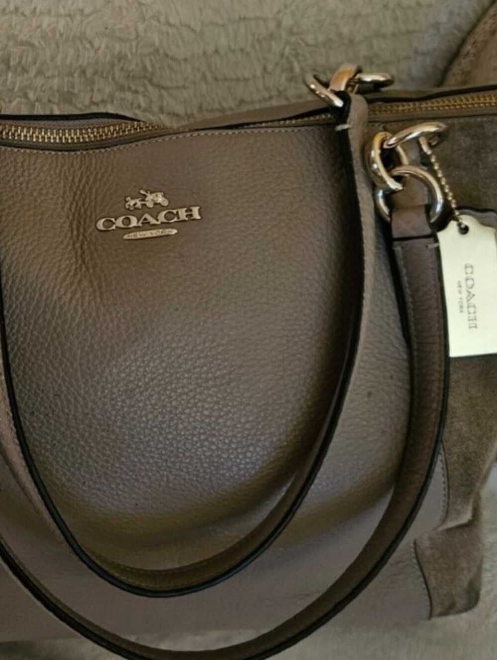 Coach Beige Taupe Genuine Leather & Suede Tote Bag with Gold Hangtag - Picture 3 of 6